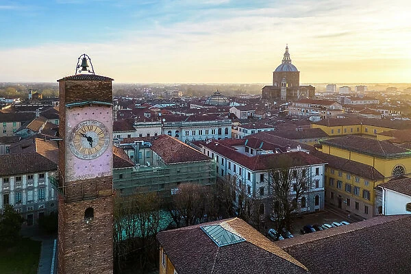 Aerial view of the old medieval towers of Pavia at sunset. Pavia, Lombardy, Italy, Europe