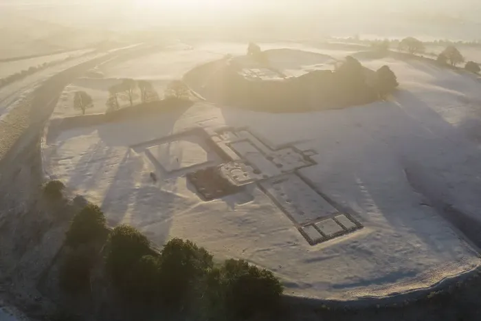 Framed Print : Aerial view of Old Sarum on a frosty morning, showing the foundations of the cathedral, Wiltshire, England. Winter (February) 2023 Framed Print : Aerial view of Old Sarum on a frosty morning, showing the foundations of the cathedral, Wiltshire, England. Winter (February) 2023