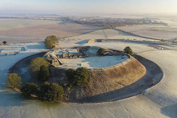 Aerial view of Old Sarum on a frosty morning, Wiltshire, England. Winter (February) 2023
