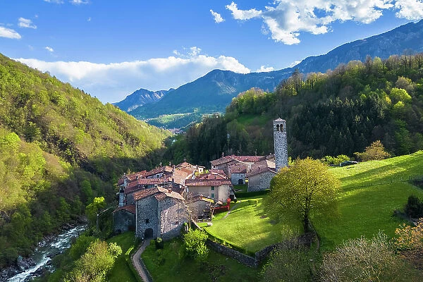Aerial view of the old village of Cornello dei Tasso, Camerata Cornello, Bergamo province, Brembana valley, Lombardy, Italy, Europe