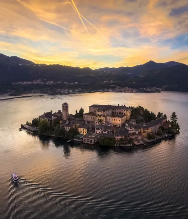 Framed Print : Aerial view of Orta San Giulio and Lake Orta at sunset. Orta Lake, Province of Novara