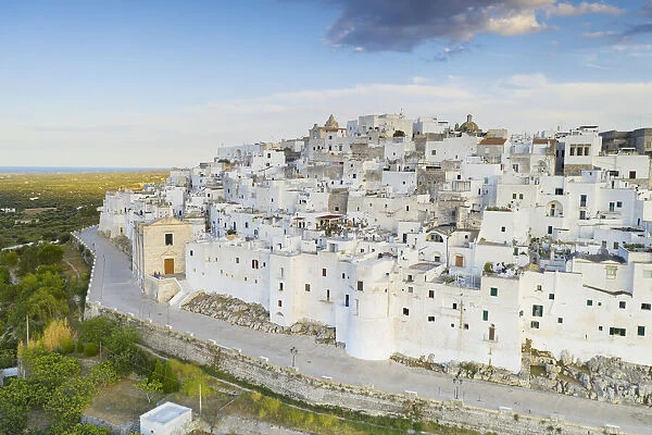 aerial view of Ostuni, so called the white city, during a summer sunset