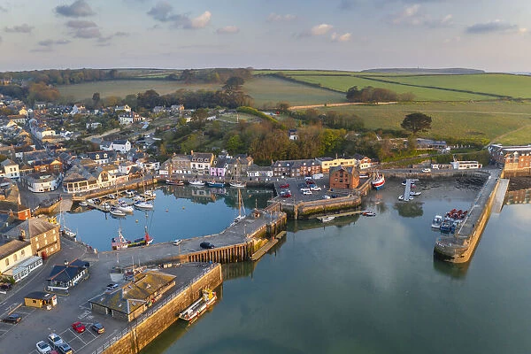 Aerial view of Padstow harbour at dawn, Padstow, Cornwall, England. Spring (May) 2021