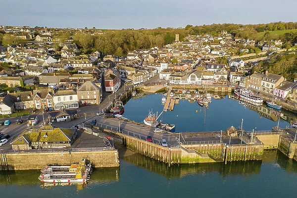 Aerial view of Padstow Harbour and town at dawn, Cornwall, England. Spring (April) 2022