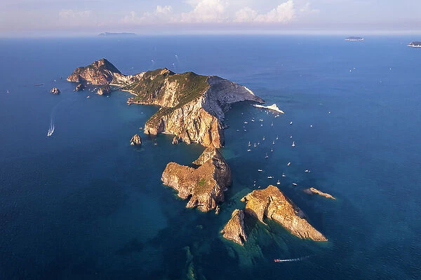 Aerial view of Palmarola island and sea stacks, Ponza municipality, Pontine archipelago, Latina province, Latium region, Tyrrhenian Sea, Italy