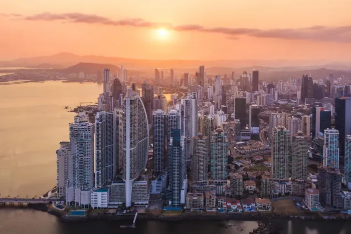 Framed Print : Aerial view of Panama City skyscrapers at sunset. Panama City, Panama, Central America