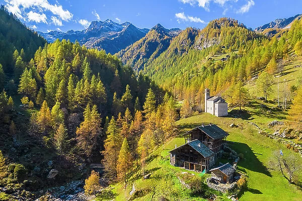 Aerial view of the Peccia, a small walser village in Val Vogna, Riva Valdobbia, Valsesia, Vercelli province, Piedmont, Italy