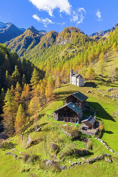 Aerial view of the Peccia, a small walser village in Val Vogna, Riva Valdobbia, Valsesia, Vercelli province, Piedmont, Italy