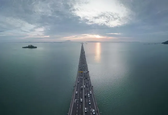 Framed Print : Aerial view of Penang Bridge at dawn, Gelugor, Pulau Pinang, Penang, Malaysia, Asia Framed Print : Aerial view of Penang Bridge at dawn, Gelugor, Pulau Pinang, Penang, Malaysia, Asia