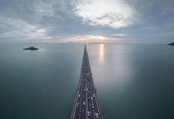 Aerial view of Penang Bridge at dawn, Gelugor, Pulau Pinang, Penang, Malaysia, Asia