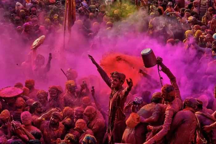 Framed Print : Aerial view of people celebrating the holy colour festival at Shri And Baba Temple, Nandgaon, Uttar Pradesh, India