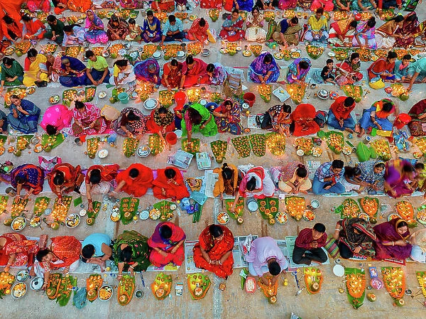 Aerial view of people at Rakher Upobash festival, Shri Shri Lokenath Brahmachari, Ashram temple, Dhaka, Bangladesh