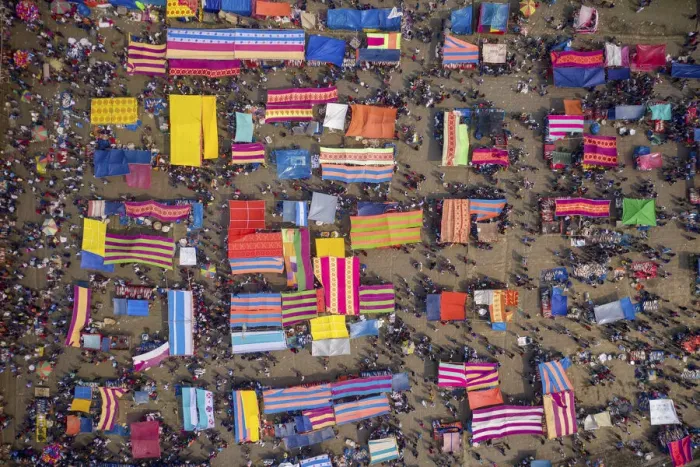 Framed Print : Aerial view of people in a traditional local fish market with colourful bazaars in Framed Print : Aerial view of people in a traditional local fish market with colourful bazaars in