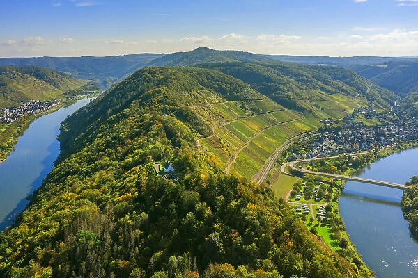 Aerial view at Petersberg chapel, Ediger-Eller and Nehren, Mosel valley, Hunsruck, Rhineland-Palatinate, Germany