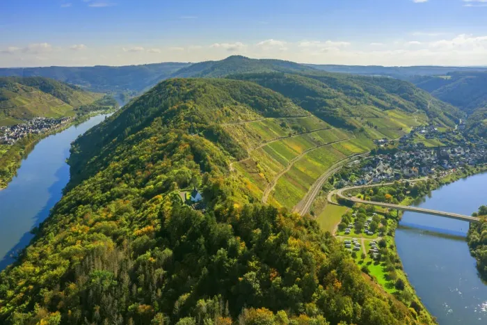 Framed Print : Aerial view at Petersberg chapel, Ediger-Eller and Nehren, Mosel valley, Hunsruck, Rhineland-Palatinate, Germany