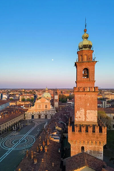 Aerial view of the Piazza Ducale, Cathedral and Bramante's tower at sunset. Vigevano, Lomellina, Province of Pavia, Lombardy, Italy