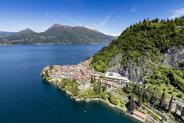 Aerial view of the picturesque village of Varenna overlooking the blue waters of Lake