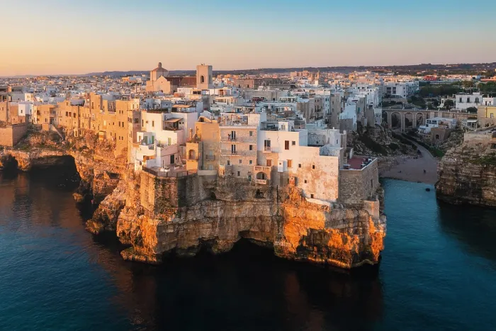 Framed Print : Aerial view of Polignano a mare at sunrise. Bari province, Apulia, Italy Framed Print : Aerial view of Polignano a mare at sunrise. Bari province, Apulia, Italy