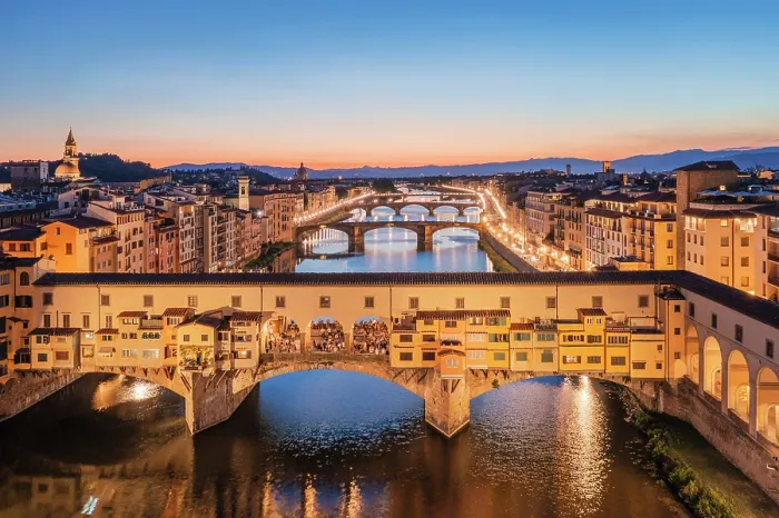 Framed Print : Aerial view of Ponte Vecchio and Arno river at dusk. Florence, Tuscany, Italy Framed Print : Aerial view of Ponte Vecchio and Arno river at dusk. Florence, Tuscany, Italy