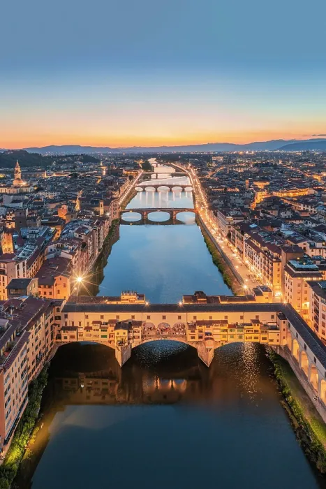 Framed Print : Aerial view of Ponte Vecchio and Arno river at dusk. Florence, Tuscany, Italy Framed Print : Aerial view of Ponte Vecchio and Arno river at dusk. Florence, Tuscany, Italy