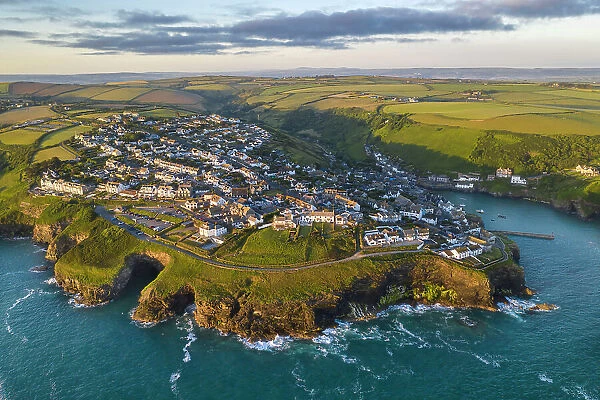 Aerial view of Port Isaac at dawn, Cornwall, England. Spring (June) 2022