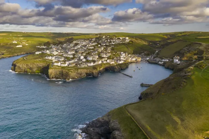 Framed Print : Aerial view of Port Isaac harbour and village, North Cornwall, England Framed Print : Aerial view of Port Isaac harbour and village, North Cornwall, England