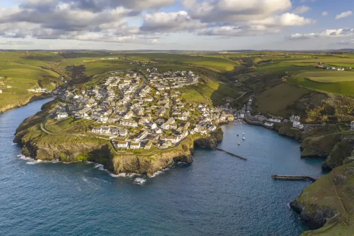 Framed Print : Aerial view of Port Isaac harbour and village, North Cornwall, England Framed Print : Aerial view of Port Isaac harbour and village, North Cornwall, England