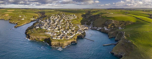 Aerial view of Port Isaac harbour and village, North Cornwall, England