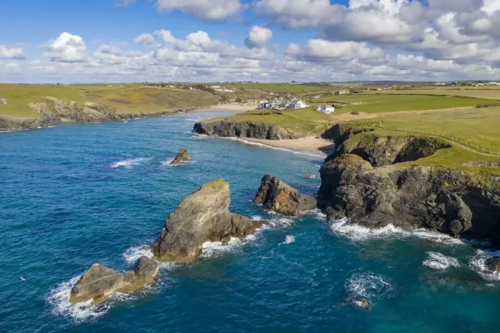 Framed Print : Aerial view of Porthcothan Bay on a sunny spring afternoon, Porthcothan, North Cornwall Framed Print : Aerial view of Porthcothan Bay on a sunny spring afternoon, Porthcothan, North Cornwall
