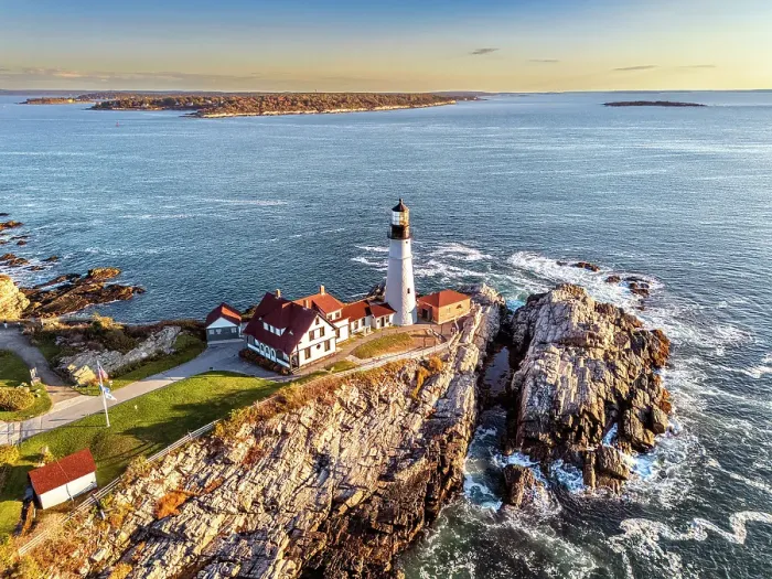 Framed Print : Aerial View of Portland Head Lighthouse, Cape Elizabeth, Sunrise Portland Maine, New England, USA