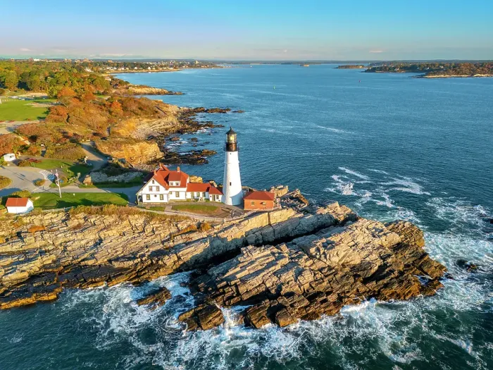 Framed Print : Aerial View of Portland Head Lighthouse, Cape Elizabeth, Sunrise Portland Maine, New England, USA Framed Print : Aerial View of Portland Head Lighthouse, Cape Elizabeth, Sunrise Portland Maine, New England, USA