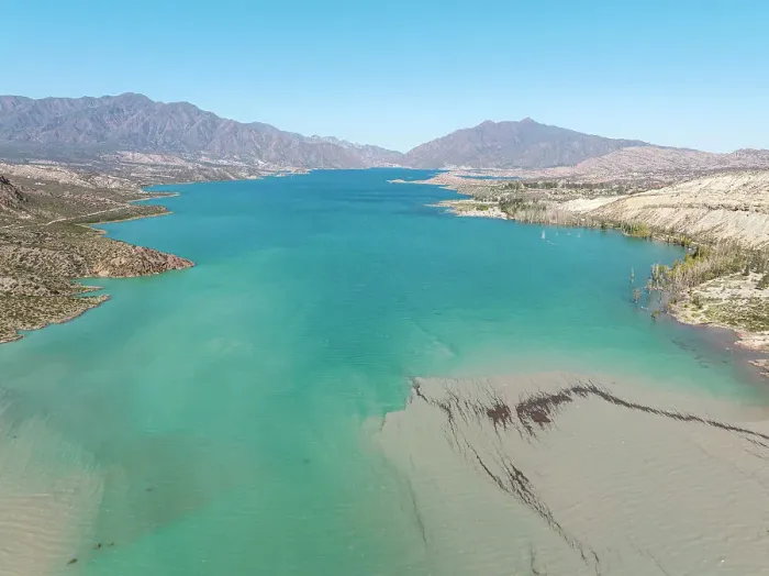 Framed Print : Aerial view of the Potrerillos Lake Dam in the Andes Mountains, Lujan de Cuyo, Mendoza, Argentina