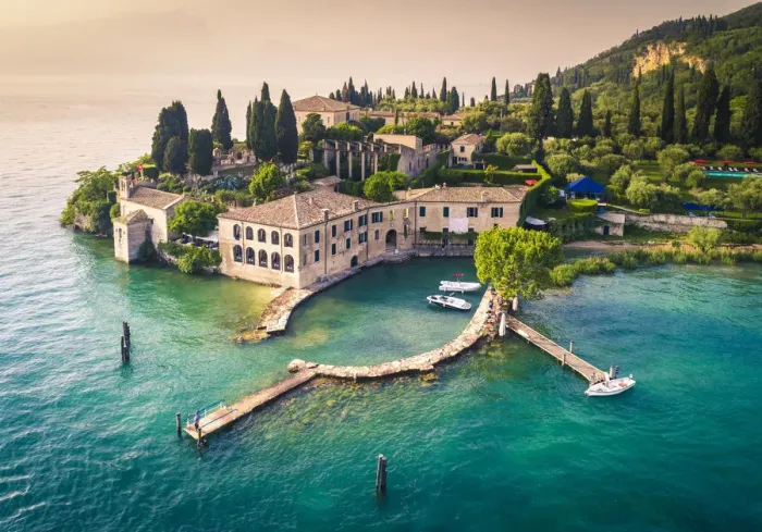 Framed Print : Aerial view of Punta San Vigilio on Garda Lake. Verona Province, Veneto, Italy Framed Print : Aerial view of Punta San Vigilio on Garda Lake. Verona Province, Veneto, Italy