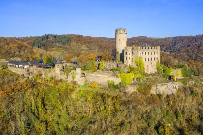 Framed Print : Aerial view at Pyrmont Castle, Roes, Eifel, Rhineland-Palatinate, Germany Framed Print : Aerial view at Pyrmont Castle, Roes, Eifel, Rhineland-Palatinate, Germany