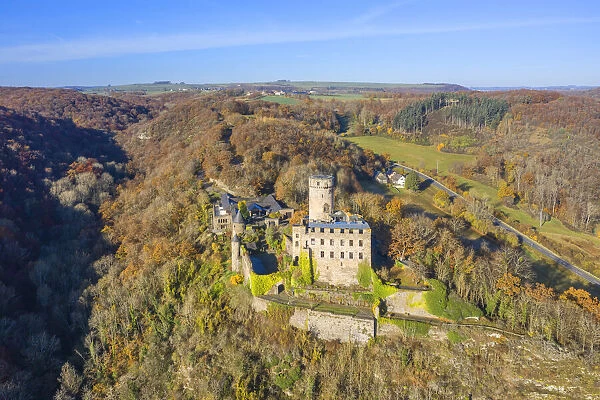 Aerial view at Pyrmont Castle, Roes, Eifel, Rhineland-Palatinate, Germany