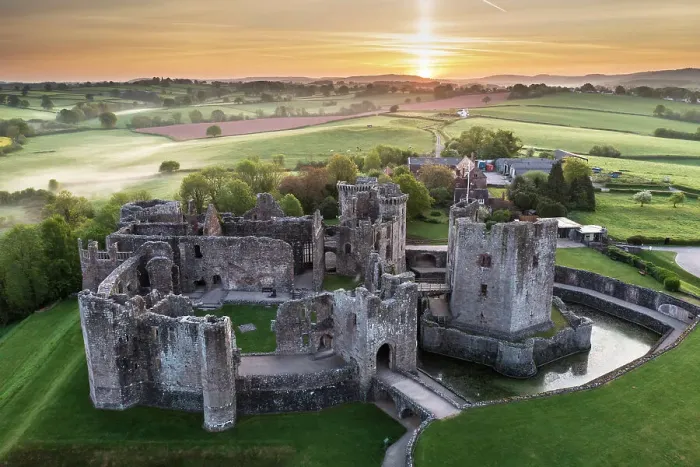Framed Print : Aerial view of Raglan Castle at dawn, Raglan, Monmouthshire, Wales. Spring (May) 2022 Framed Print : Aerial view of Raglan Castle at dawn, Raglan, Monmouthshire, Wales. Spring (May) 2022
