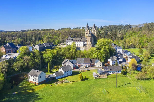 Aerial view on Ravengiersberg with St. Christophorus church, called the Hunsruck dome, Hunsruck, Rhineland-Palatinate, Germany