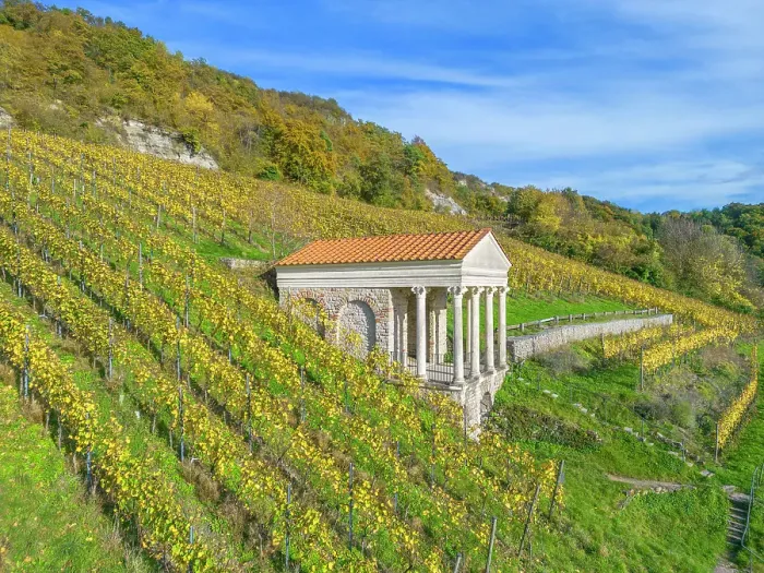 Framed Print : Aerial view at the reconstructed roman temple Grutenhauschen at Igel near Trier, Mosel, Mosel valley, Rhineland-Palatinate, Germany