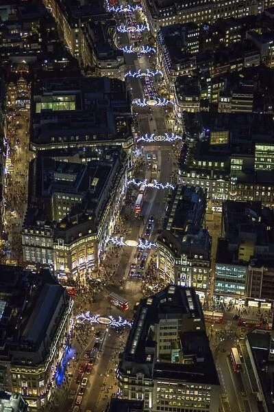 Aerial view over Regents Street and Oxford Circus, London, England