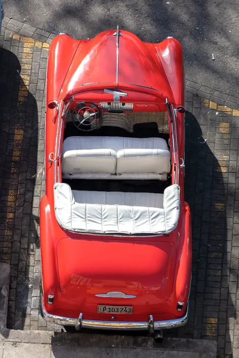 Framed Print : Aerial view of restored classic American car used to take tourists on city tours, Centro Habana, Havana, Cuba Framed Print : Aerial view of restored classic American car used to take tourists on city tours, Centro Habana, Havana, Cuba