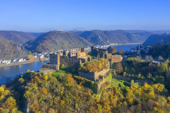 Framed Print : Aerial view at Rheinfels castle with Burg Katz, St. Goar, Rhine valley Framed Print : Aerial view at Rheinfels castle with Burg Katz, St. Goar, Rhine valley