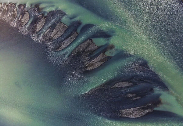 Aerial view of a river delta in the southern part of Iceland. Thorsa river, Iceland