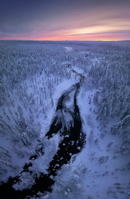 Framed Print : Aerial view of a river during a winter evening in the Yllas-Pallastunturi National Park, Lapland, Finland Framed Print : Aerial view of a river during a winter evening in the Yllas-Pallastunturi National Park, Lapland, Finland