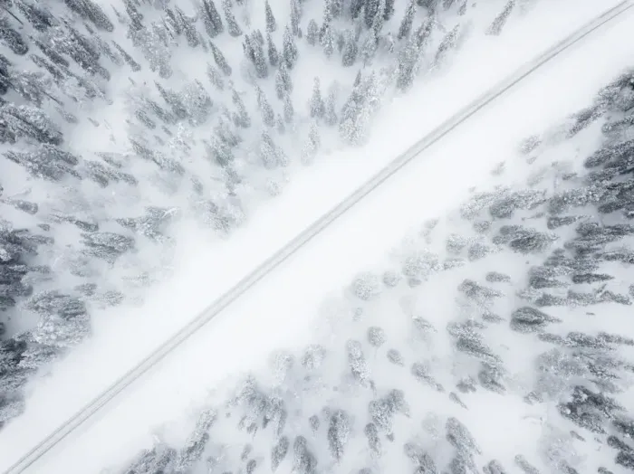 Framed Print : Aerial view of road in the snow covered forest, Pallas-Yllastunturi National Park Framed Print : Aerial view of road in the snow covered forest, Pallas-Yllastunturi National Park