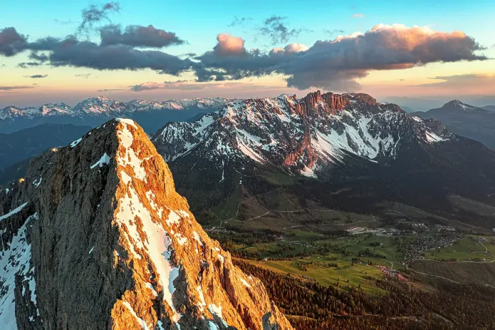 Framed Print : Aerial view of Roda Di Vael peak and Latemar mountain range at sunset, Val di Fassa, Dolomites, South Tyrol, Italy Framed Print : Aerial view of Roda Di Vael peak and Latemar mountain range at sunset, Val di Fassa, Dolomites, South Tyrol, Italy