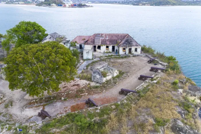 Framed Print : Aerial view of ruins of buildings at Fort James, St. Johns, Antigua and Barbuda