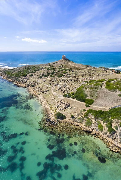 Aerial view of the ruins fo the ancient Phoenician city of Tharros, Capo San Marco