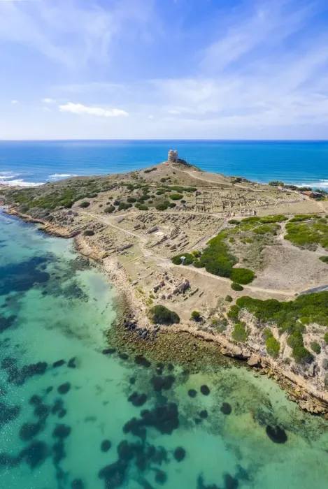Framed Print : Aerial view of the ruins fo the ancient Phoenician city of Tharros, Capo San Marco