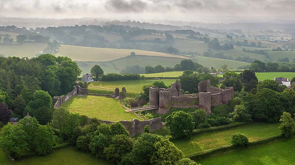 Aerial view of the ruins of White Castle (Llantilio Castle), one of the Three Castles in Monmouthshire, Wales. Summer (June) 2023