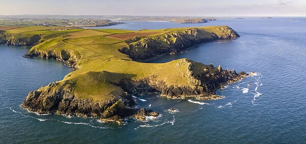 Aerial view of The Rumps headland on the North Cornish coast, Cornwall, England